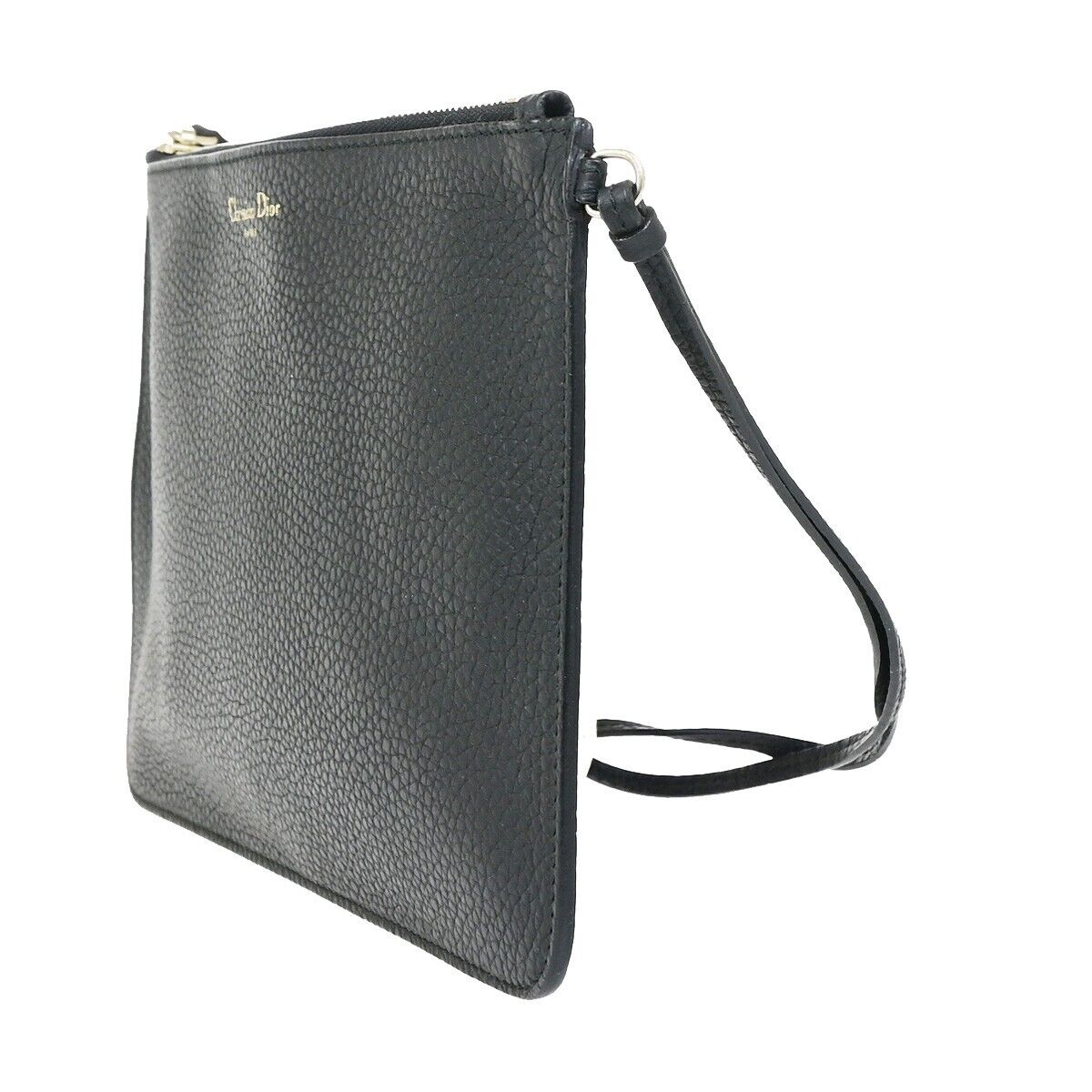 CHRISTIAN DIOR Logo Clutch Hand Bag Leather Black GHW Made In Italy 61KA391