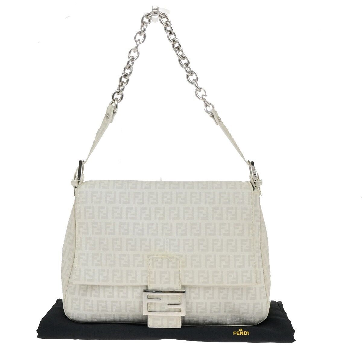 FENDI Logo Mamma Zucchino Pattern Chain Shoulder Bag PVC White Silver 18KA550
