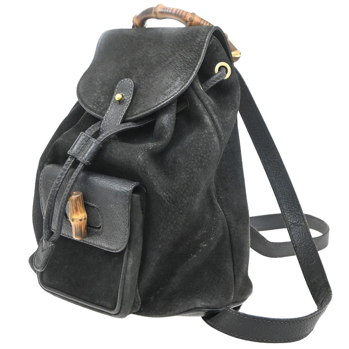 GUCCI Logo Bamboo Backpack Bag Suede Drawstring Black Italy 61EG169