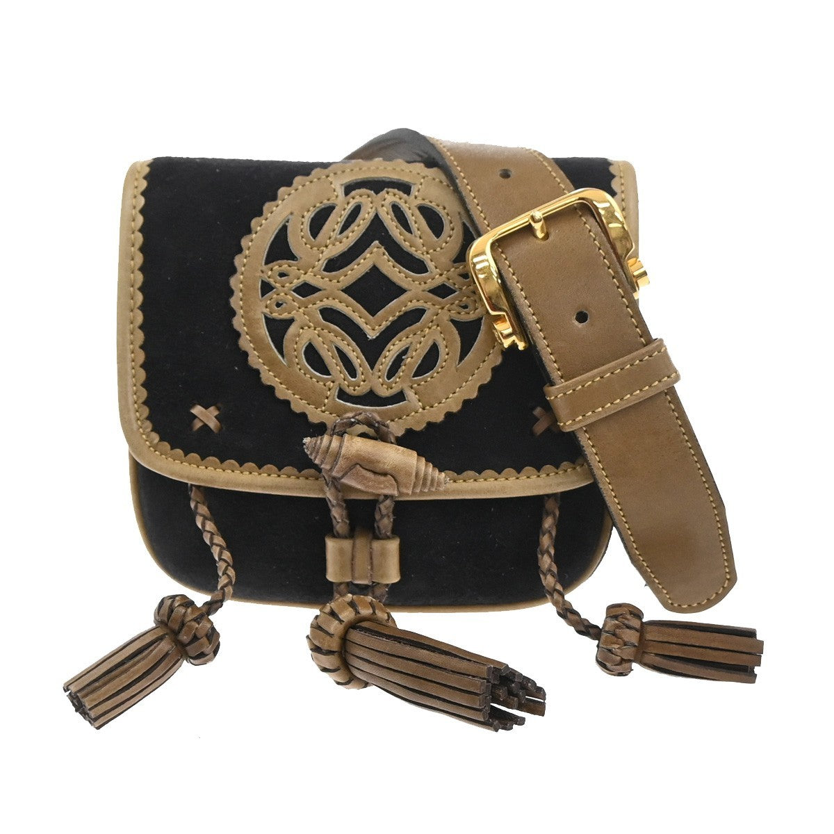LOEWE Logo Anagram Tassel Bum Bag Size75 Suede Leather Black Beige GHW 34MA439