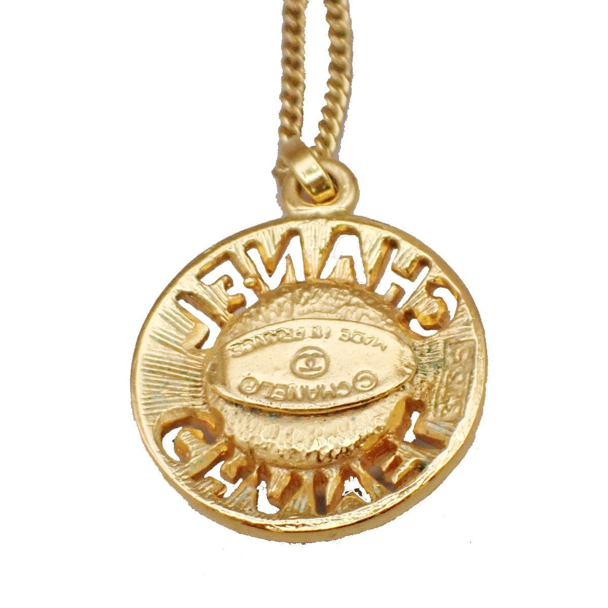 CHANEL CC Logo Imitation Pearl Chain Pendant Necklace Gold France 32RL269