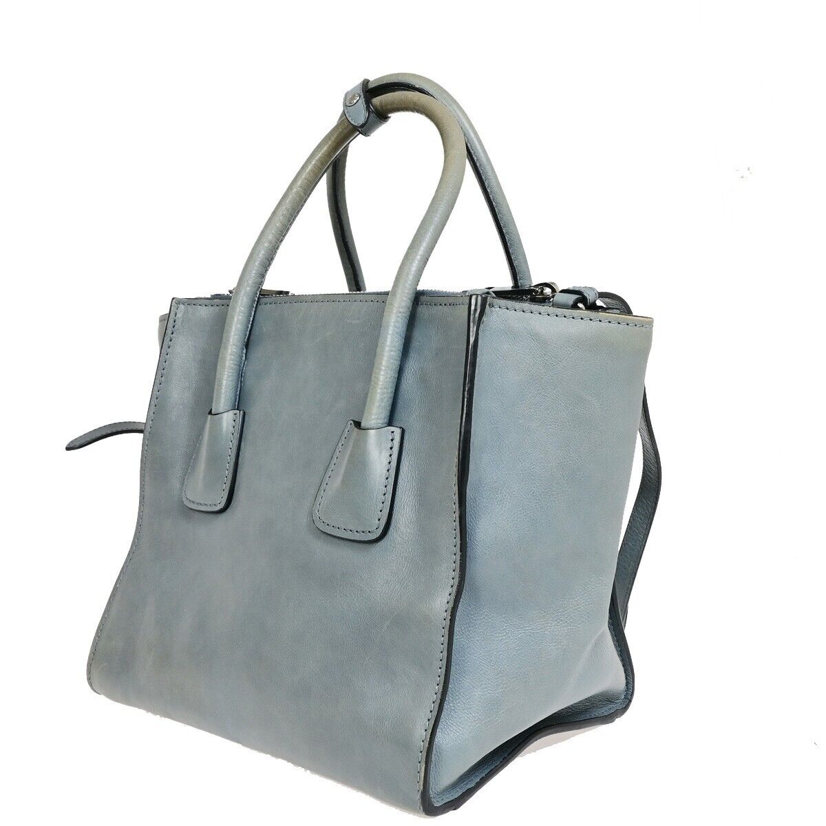PRADA MILANO Logo 2Way Shoulder Hand Bag Leather Blue Silver Italy 88HC034