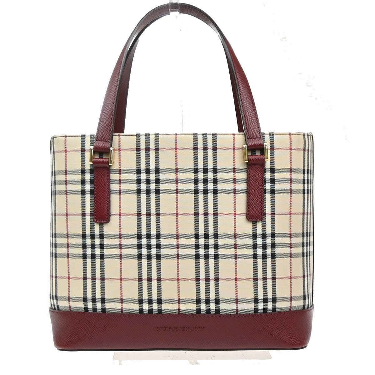 BURBERRY Logo Nova Check Hand Bag Canvas Leather Beige Red GHW 39RQ059