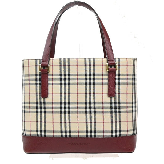 BURBERRY Logo Nova Check Hand Bag Canvas Leather Beige Red GHW 39RQ059