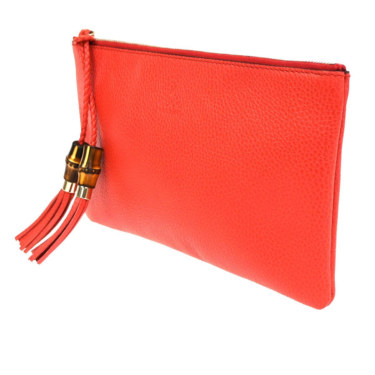 GUCCI Logo Bamboo Charm Clutch Pouch Bag Pebbled Leather Red Italy 61KC890