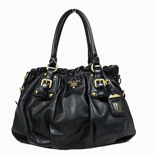 PRADA Milano Logo Shoulder Tote Bag Leather Black Gold Made in Italy 76EB867