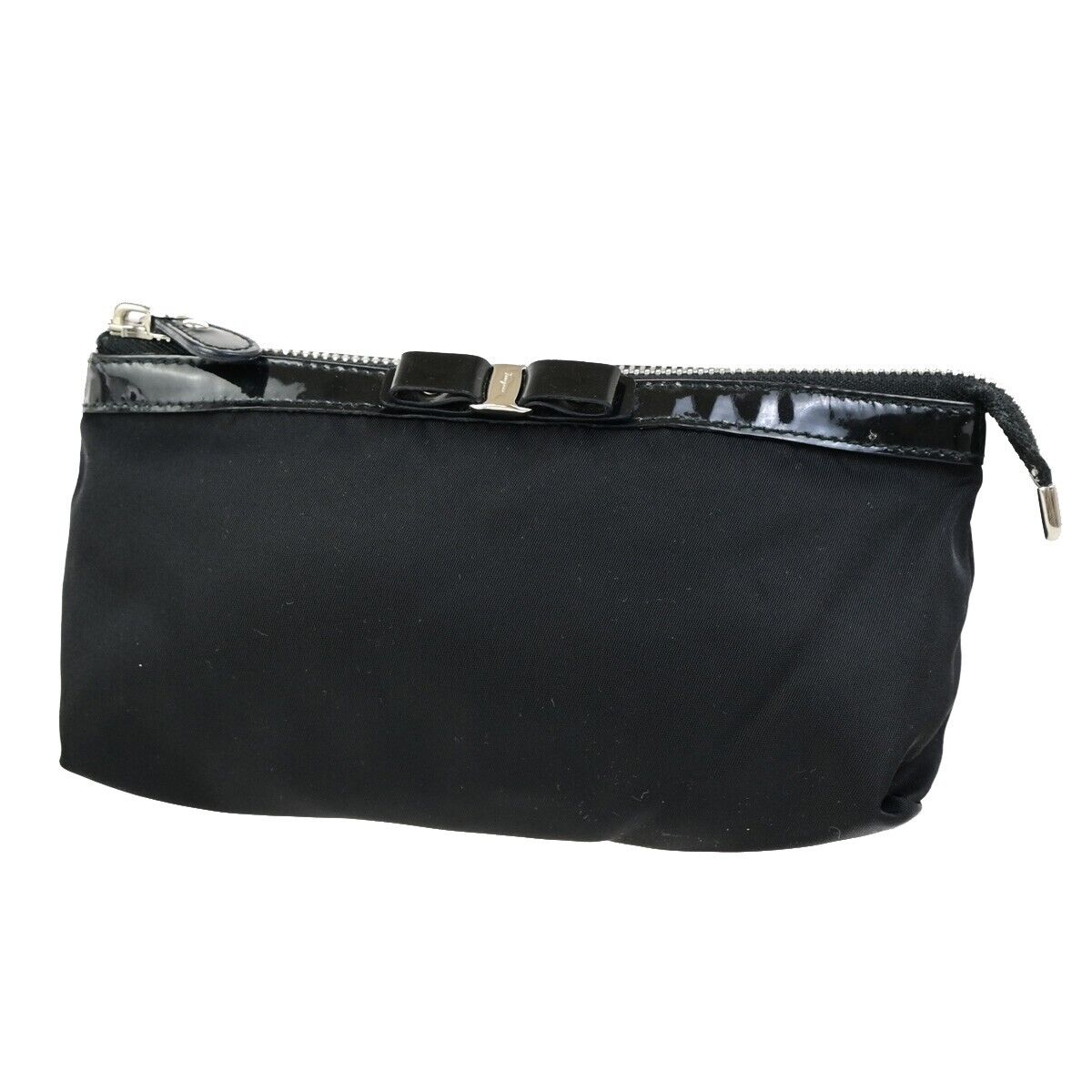 SALVATORE FERRAGAMO Vara Cosmetic Pouch Bag Nylon Leather Black 07KA515
