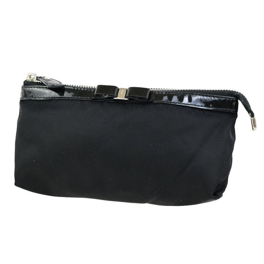 SALVATORE FERRAGAMO Vara Cosmetic Pouch Bag Nylon Leather Black 07KA515