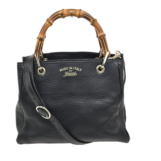 3.Live GUCCI Bamboo Shopper Tote 2Way Shoulder Handbag Leather Black 18CA418