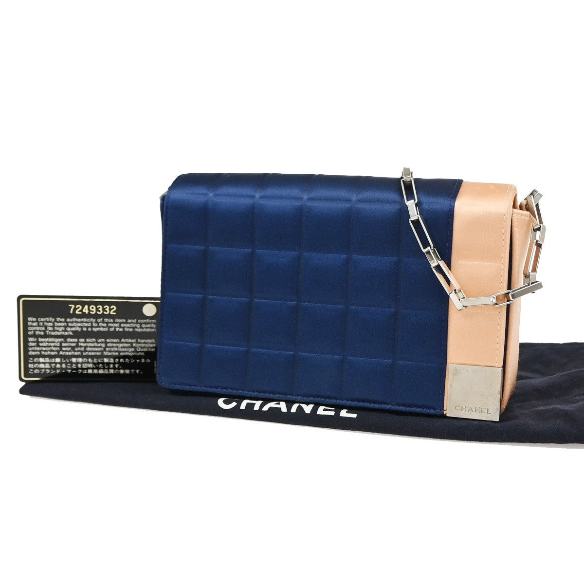 CHANEL Chocolate Bar Chain Shoulder Bag Satin Leather Blue SHW Italy 50RQ027