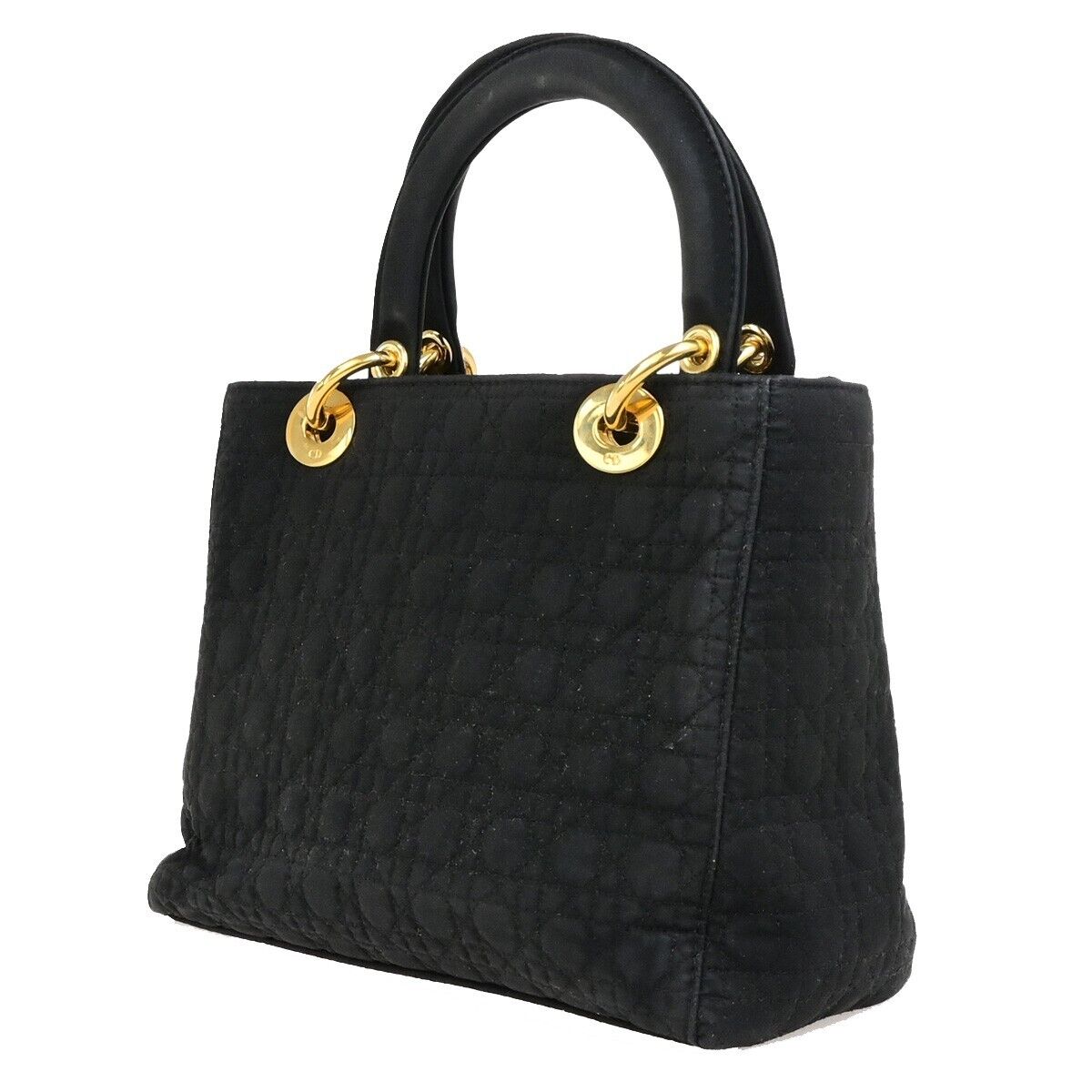 CHRISTIAN DIOR Logo Lady Cannage Hand Bag Canvas Leather Black GHW Italy 73ED175