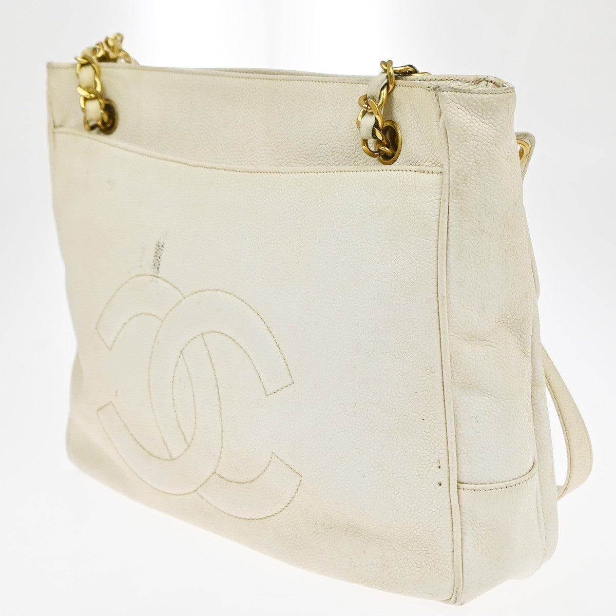 CHANEL CC Shoulder Bag Grained Calfskin Leather White GHW Vintage 12RP179