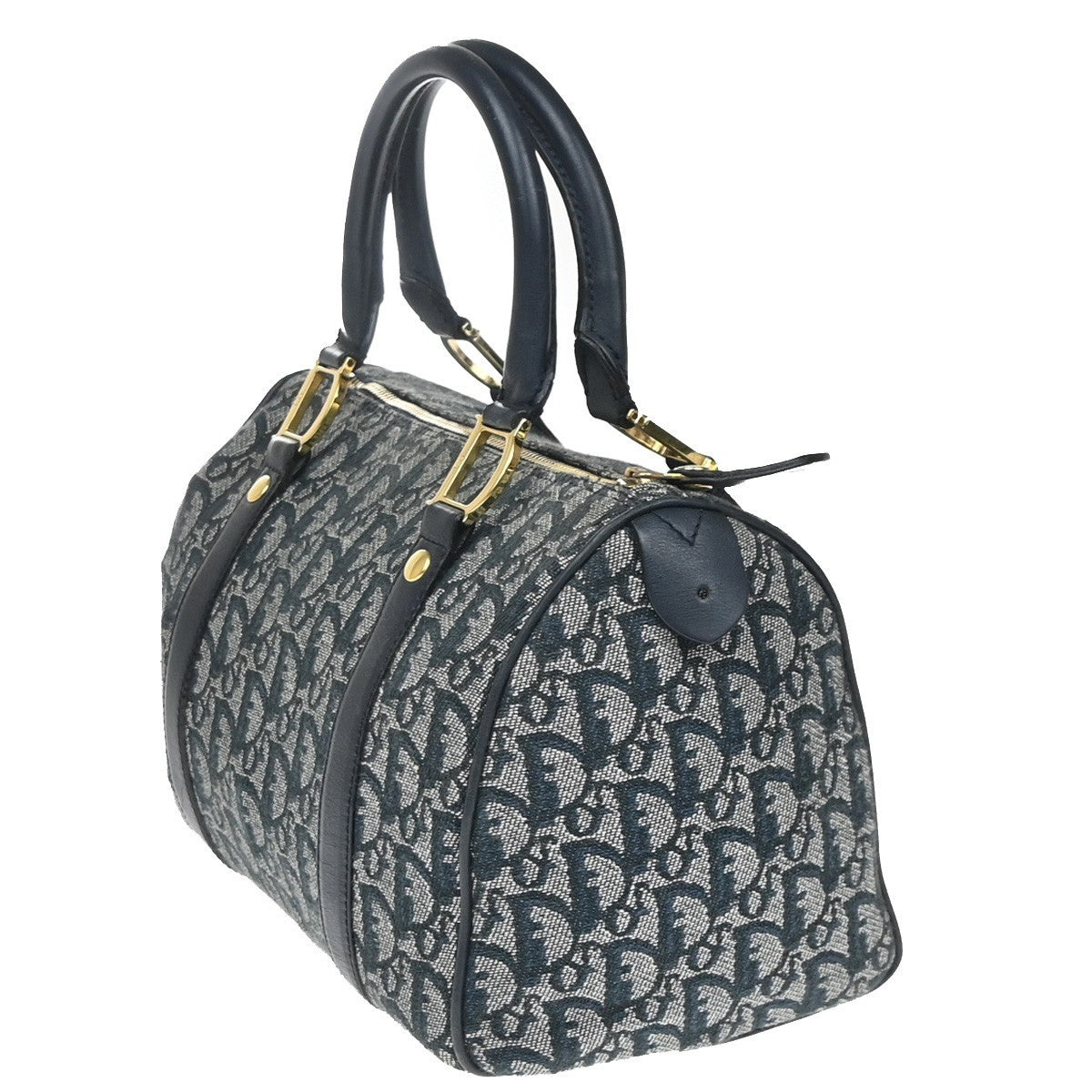 CHRISTIAN DIOR Logo Trotter Pattern Hand Bag Canvas Leather Navy Blue 93YH969