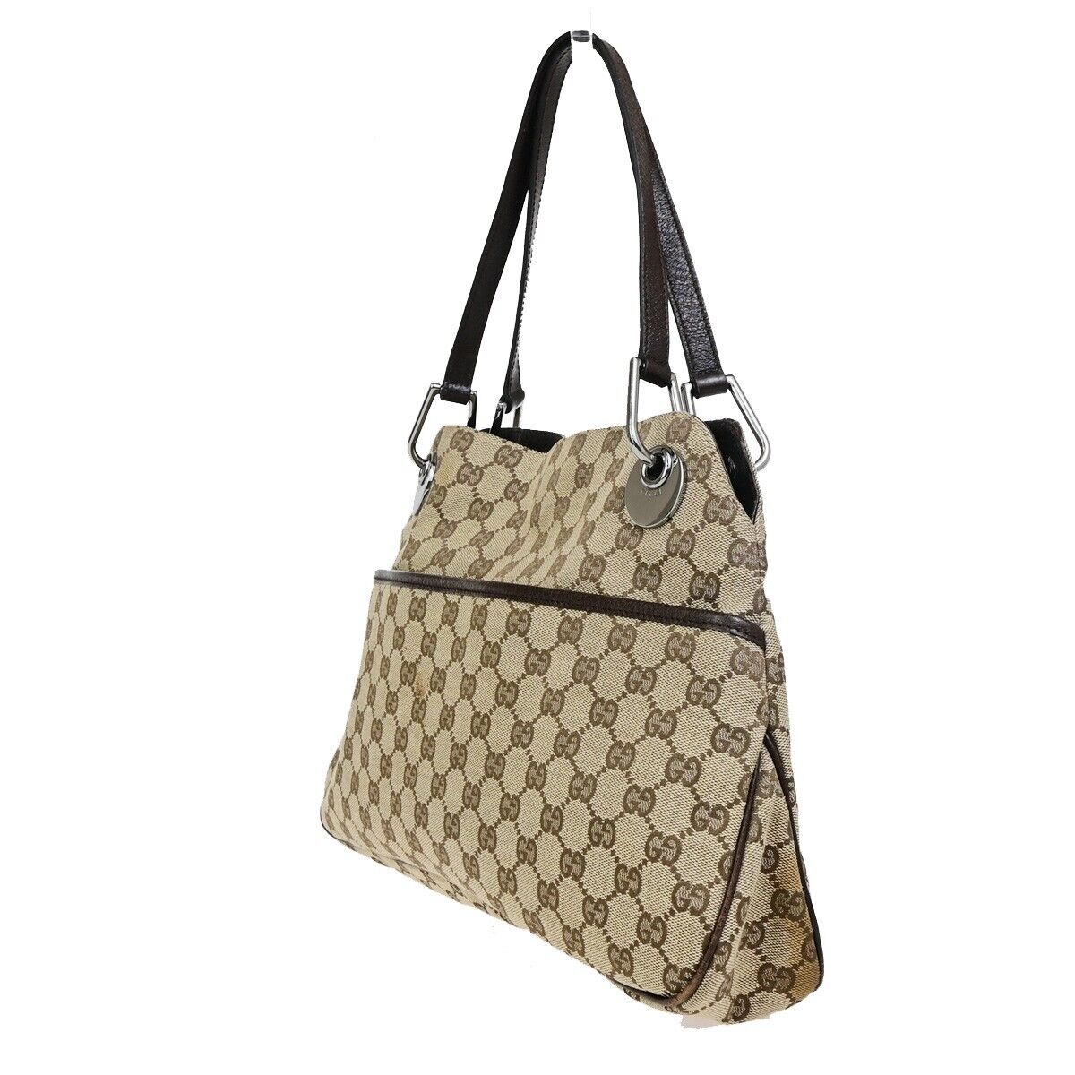 GUCCI Logo GG Pattern Shoulder Tote Bag Canvas Leather Brown SHW Italy 67EC877