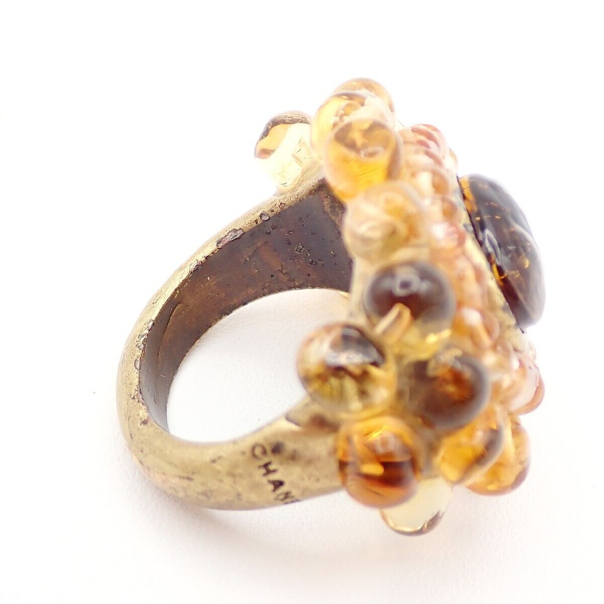 CHANEL Logo Gripoix Ring 00A Brown Gold-Plated France Accessory 38RJ930
