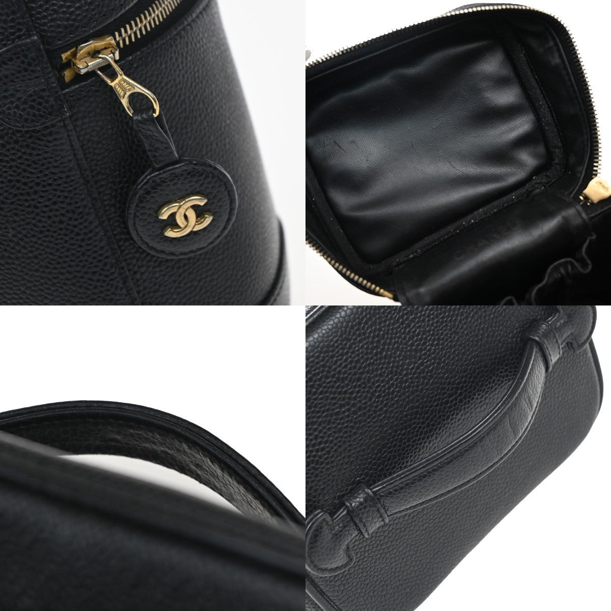 CHANEL CC Logo Vanity Hand Bag Grained Calfskin Leather Black Vintage 14RF886
