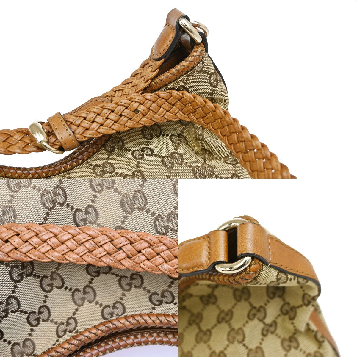 GUCCI Logo Marrakech GG Pattern Shoulder Hobo Bag Canvas Leather Brown 85YH679