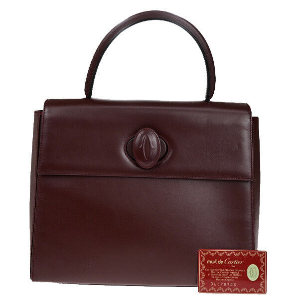 MUST DE CARTIER 2C Logo Hand Bag Leather Burgundy Bordeaux GHW Italy 80YG585