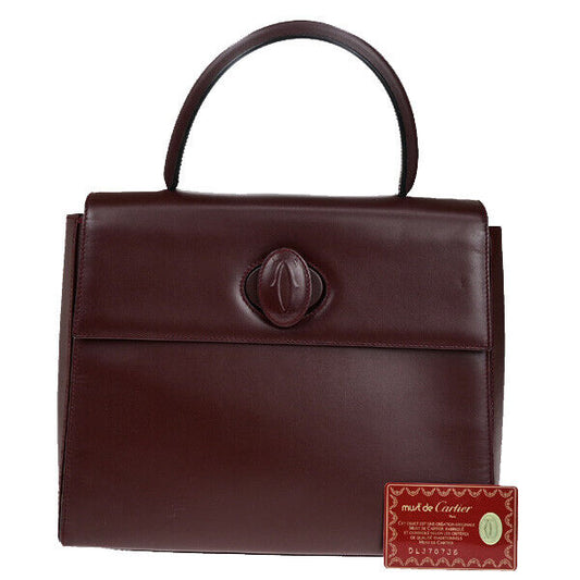 MUST DE CARTIER 2C Logo Hand Bag Leather Burgundy Bordeaux GHW Italy 80YG585