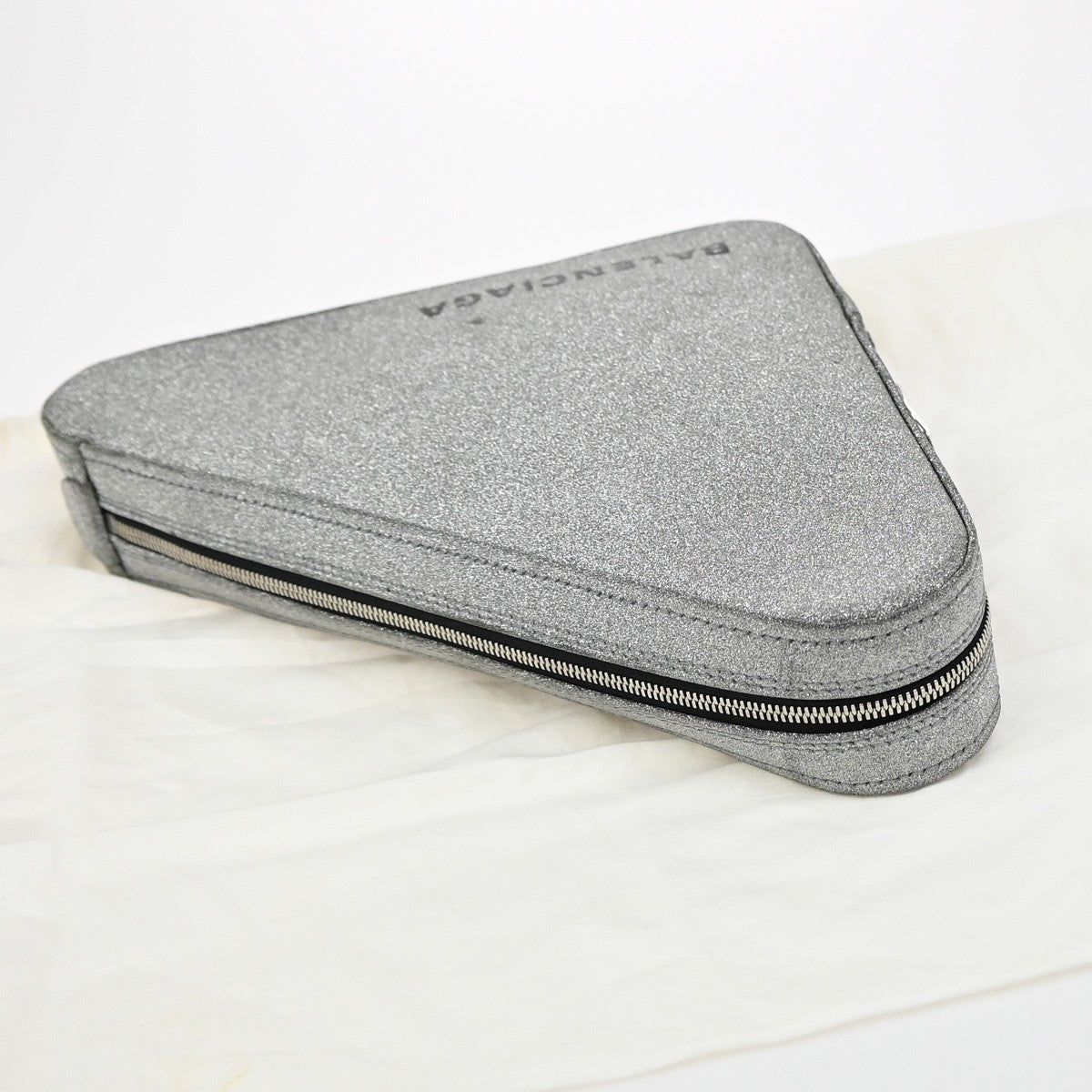 BALENCIAGA Logo triangle Clutch Bag Canvas Leather Silver Italy 38RL417