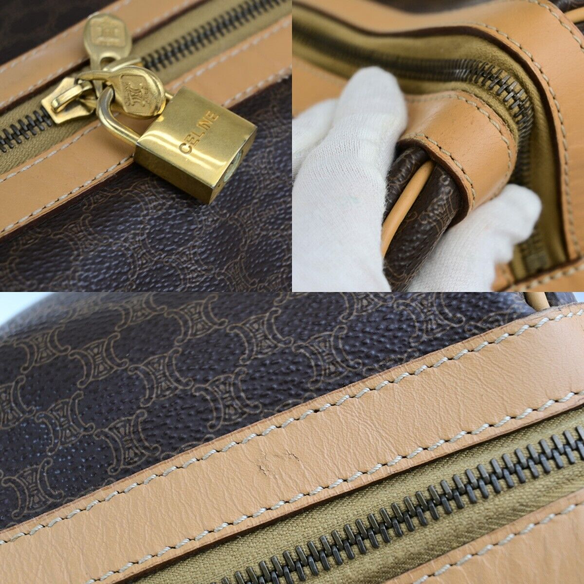 CELINE Logo Macadam Pattern Travel Hand Bag PVC Leather Brown GHW 65ED371