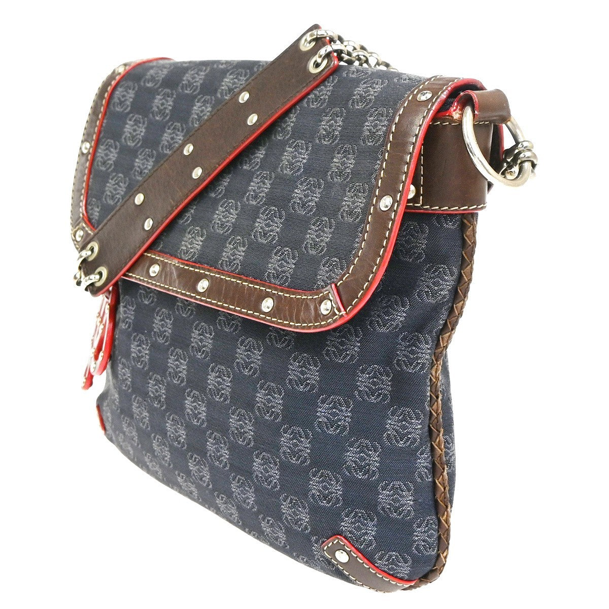 LOEWE Logo Anagram Studded Flap Shoulder Bag Canvas Leather Navy SHW 35CA788