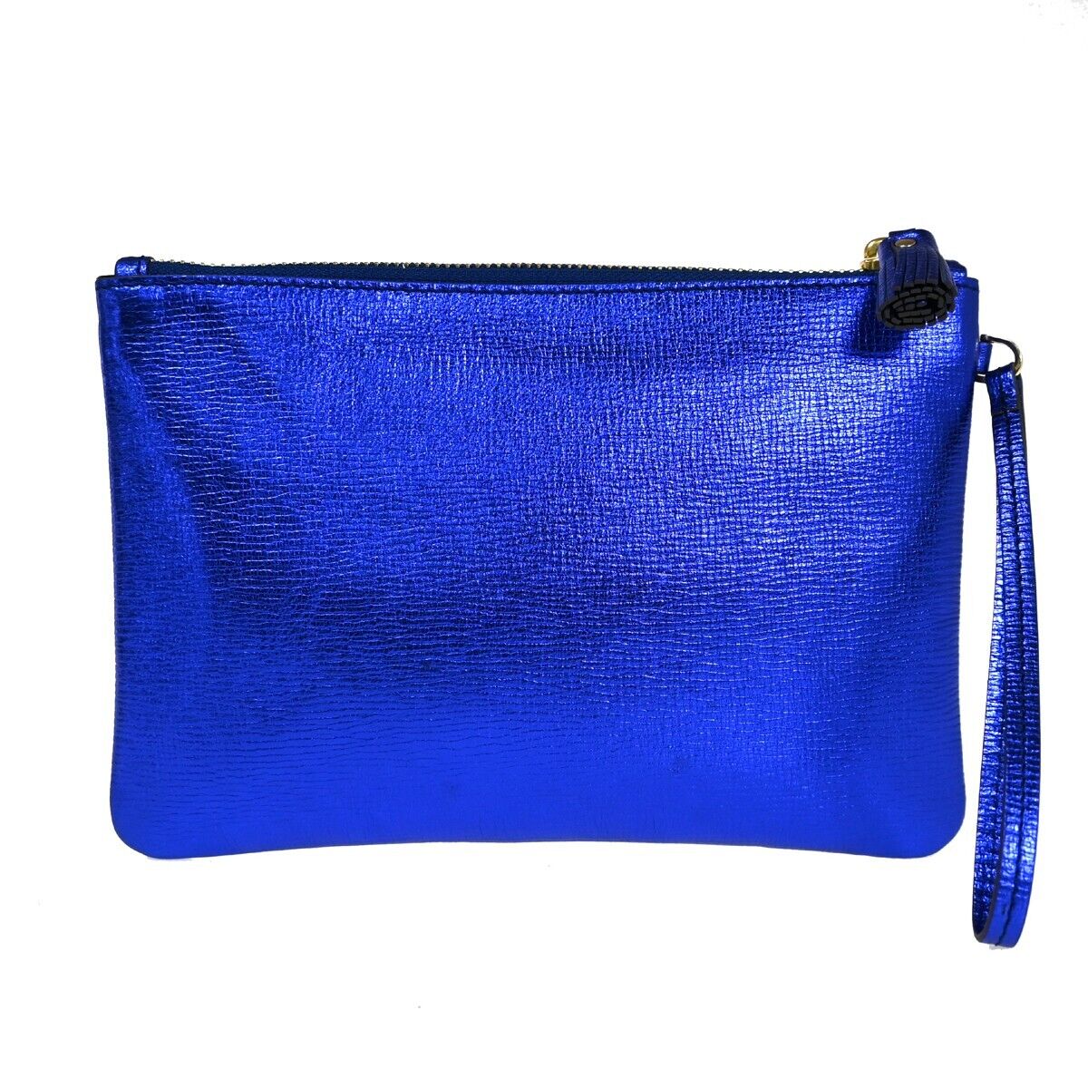ANYA HINDMARCH Logo Smiley Wink Fringe Mini Clutch Hand Bag Leather Blue 02HB219
