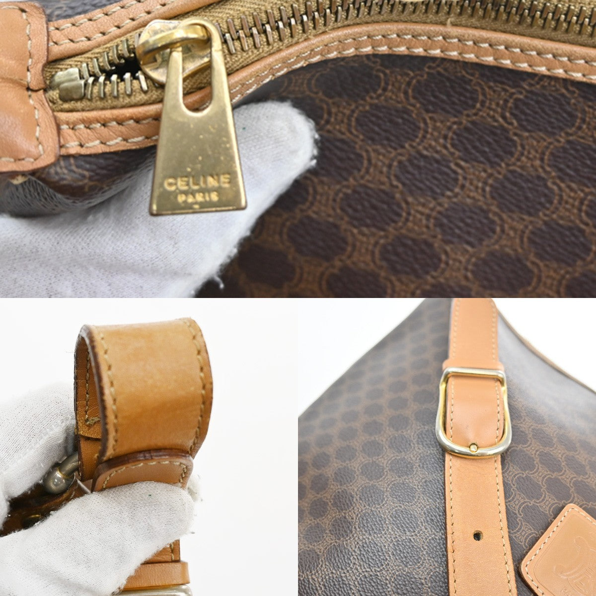 32.Live CELINE Macadam Pattern Shoulder Tote Bag PVC Leather Brown GHW 04KB843