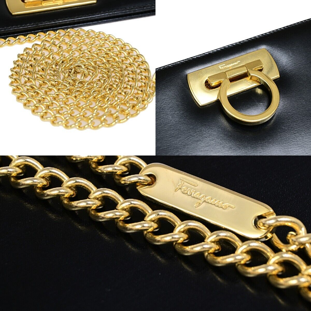 SALVATORE FERRAGAMO Gancini 2Way Chain Shoulder Clutch Bag Leather Black 36EB863