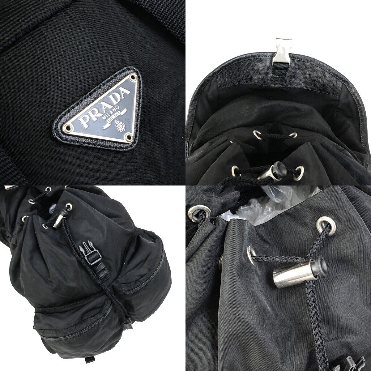 PRADA MILANO Logo Backpack Bag Nylon Leather Black Silver Made In Italy 83KA433