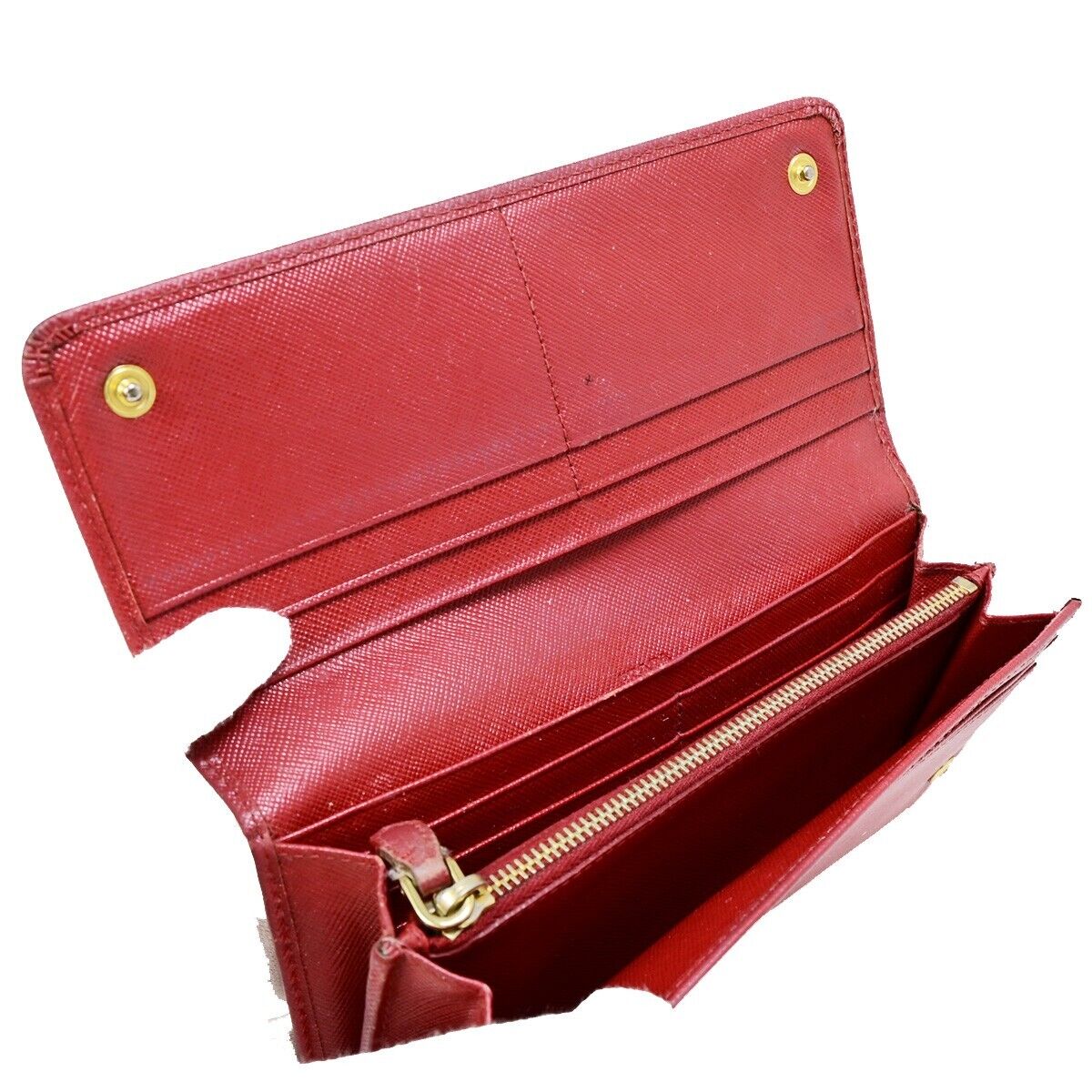 PRADA Logo Bifold Long Zipper Bifold Wallet Saffiano Leather Red Gold 03EB369