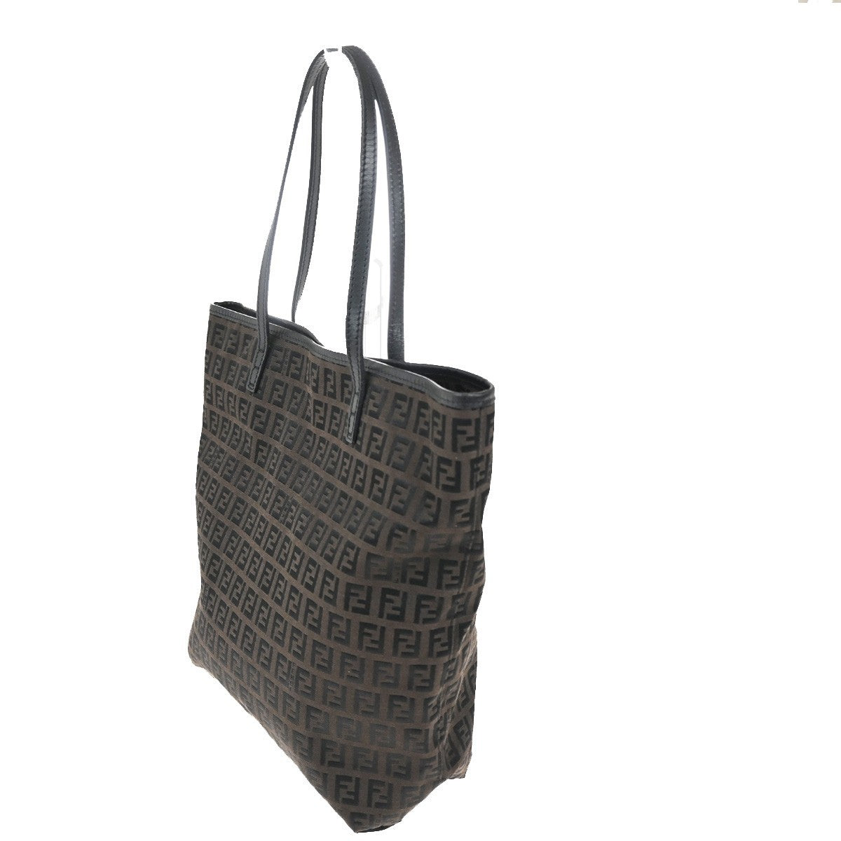 FENDI Logo Zucchino Hand Tote Bag Canvas Leather Brown Black SHW 80TA555