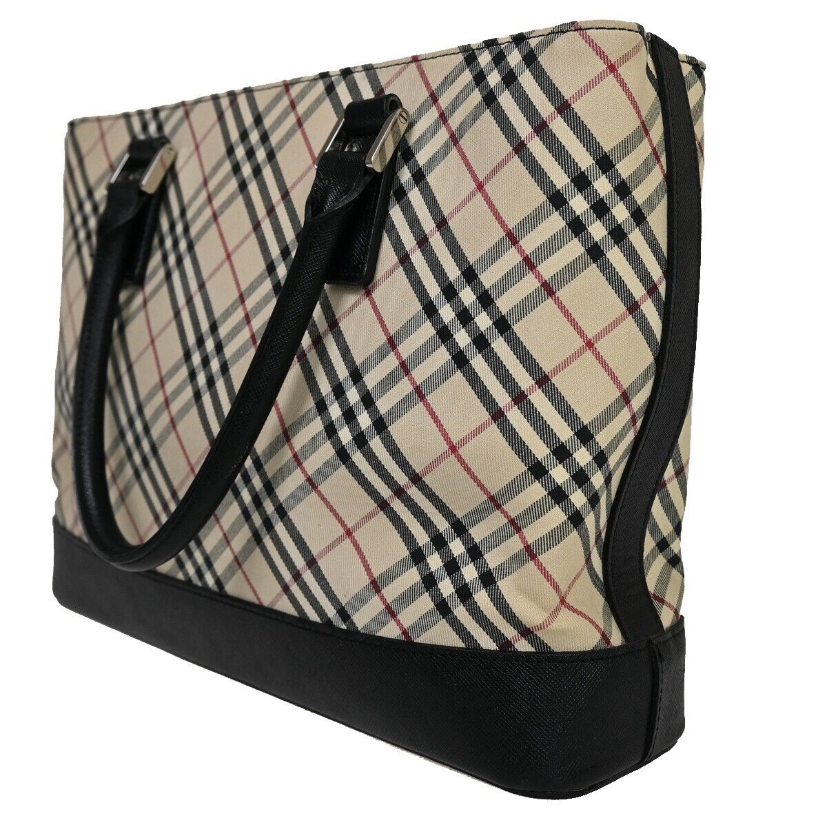 BURBERRY Logo Nova Check Hand Tote Bag Canvas Leather Beige Black Silver 69HB709