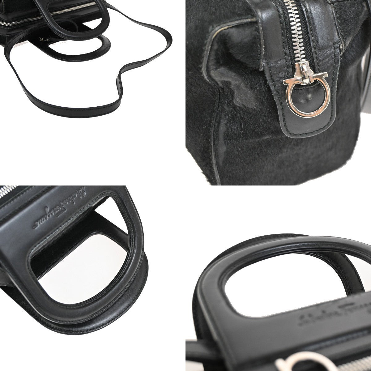 SALVATORE FERRAGAMO Gancini 2Way Shoulder Handbag Fur Leather Black 05DA245