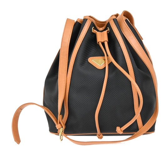 Saint Laurent YSL Logo Drawstring Shoulder Bag PVC Leather Navy Brown 38FC055