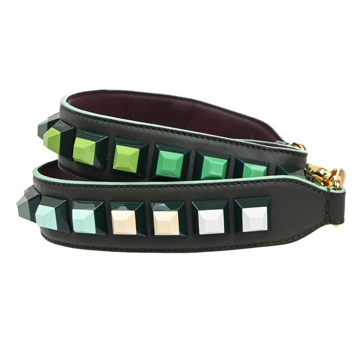FENDI Logo Studs Bag Shoulder Strap Leather Plastic Green Brown GHW 65KP348