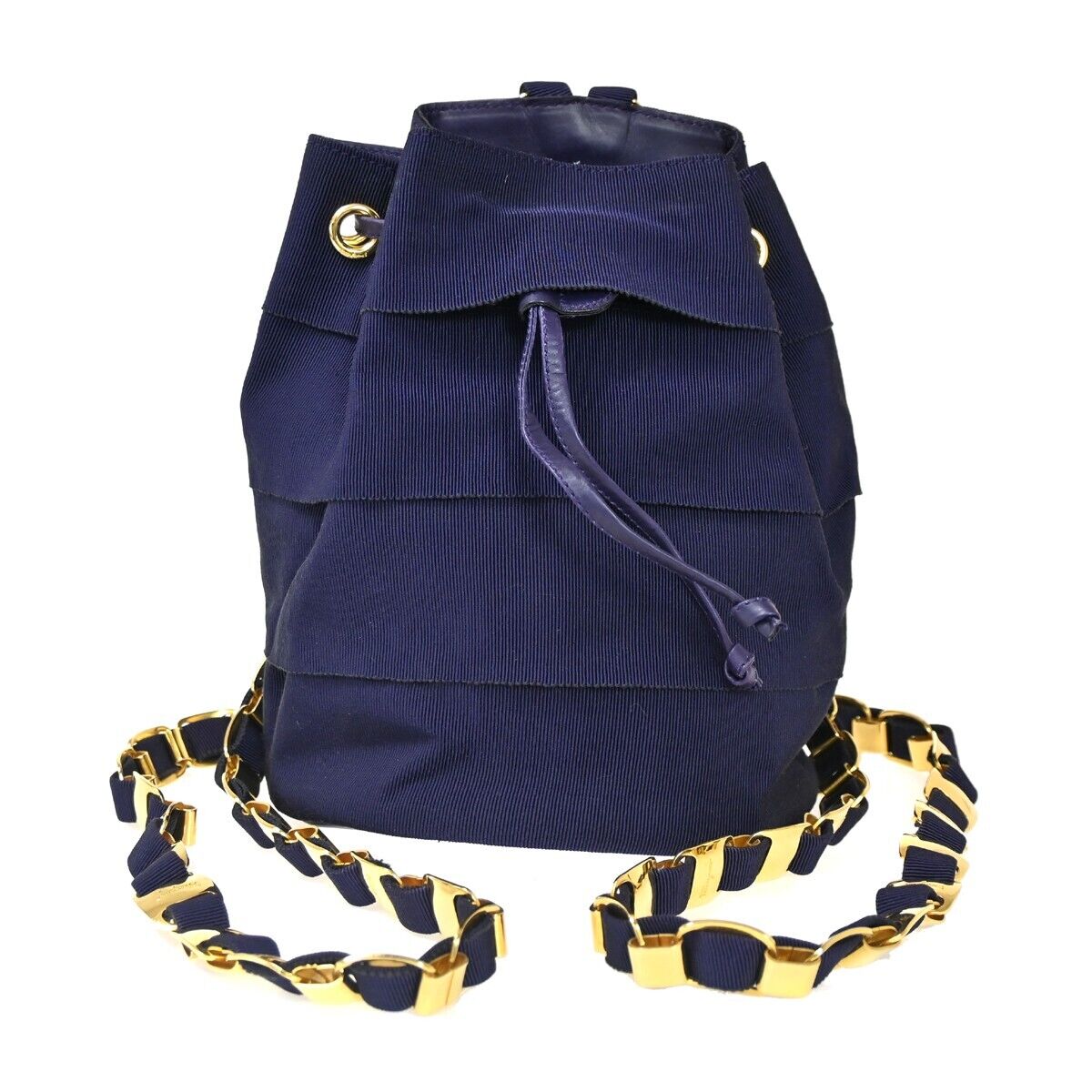 SALVATORE FERRAGAMO Vara Chain Bag Backpack Canvas Leather Navy Blue 63HB588
