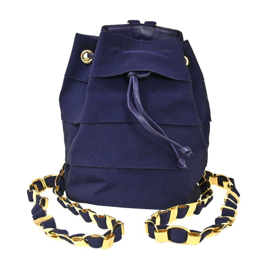 SALVATORE FERRAGAMO Vara Chain Bag Backpack Canvas Leather Navy Blue 63HB588