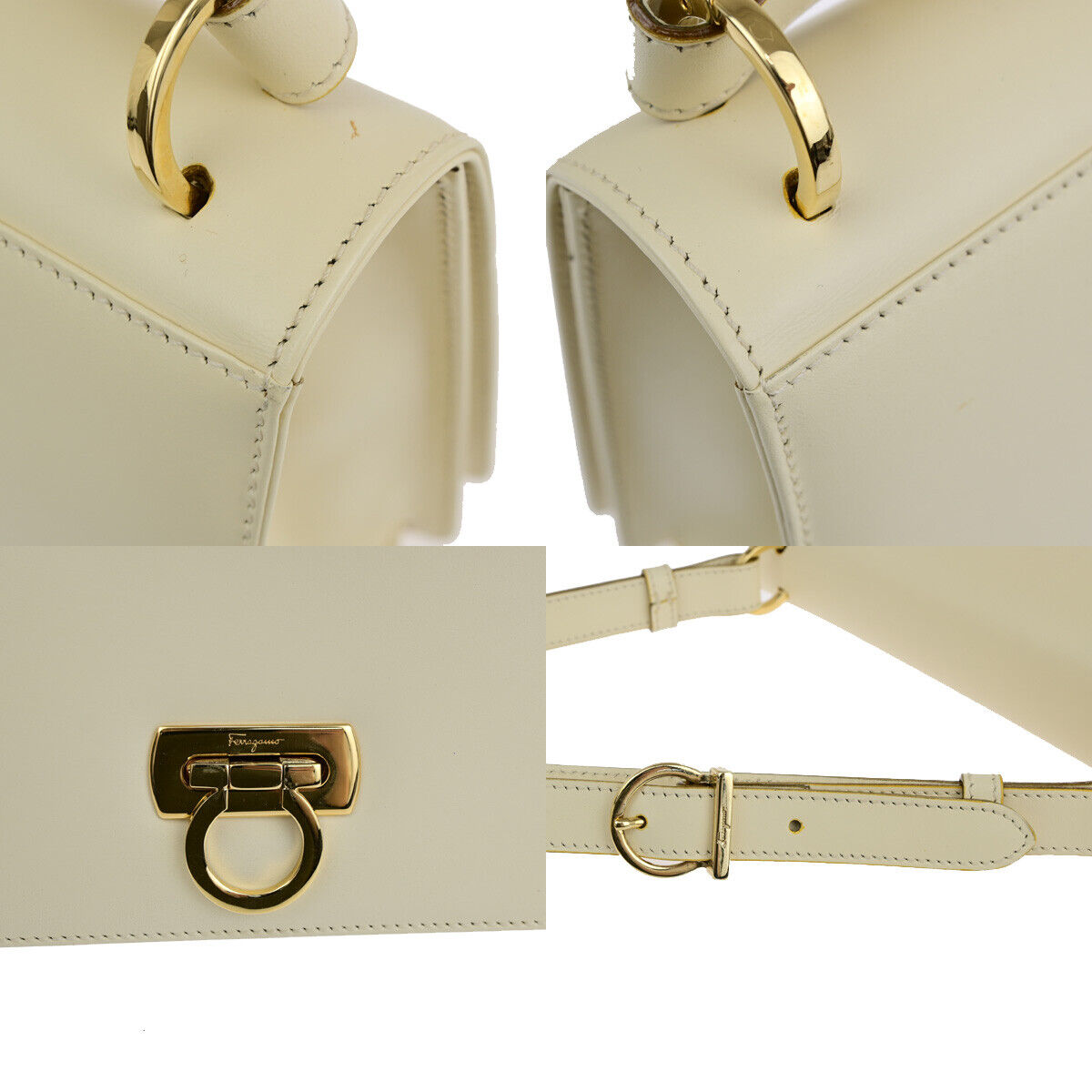 SALVATORE FERRAGAMO Logo Gancini Shoulder Bag Leather Ivory Gold 30SJ116