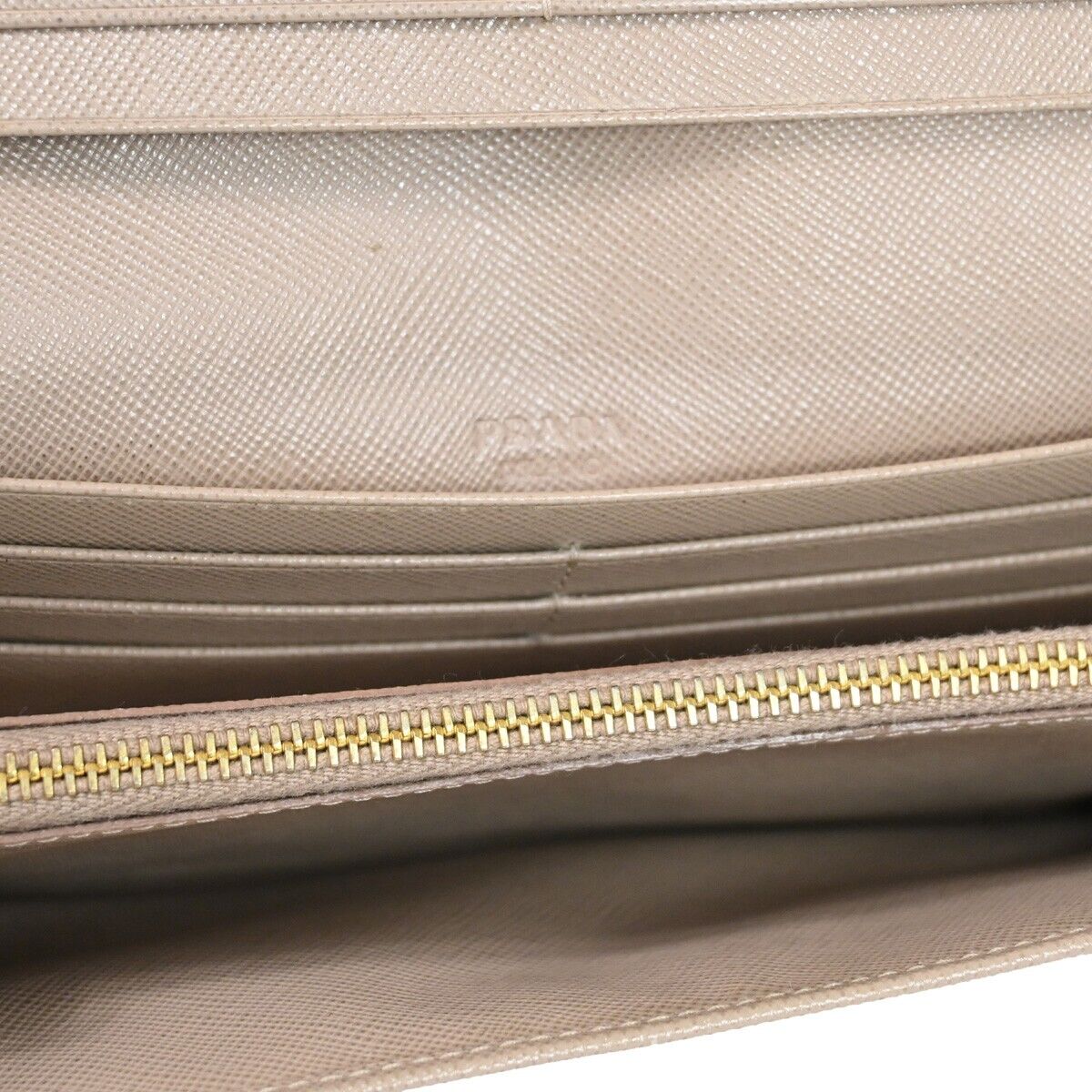 PRADA Logo Saffiano Long Bifold Wallet Purse Leather Beige Gold Italy 05SH556