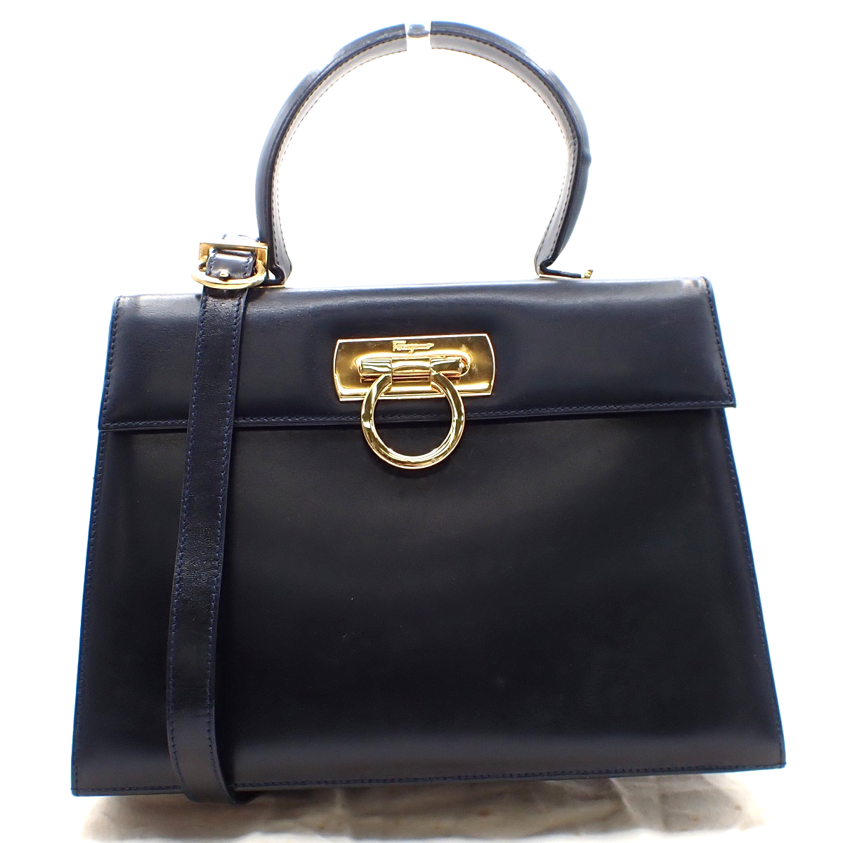 SALVATORE FERRAGAMO Gancini 2Way Shoulder Hand Bag Leather Navy Blue GHW 61AA155