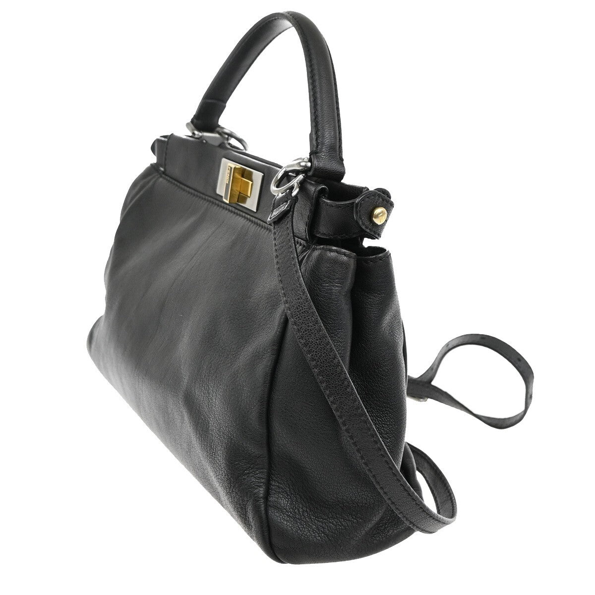 FENDI Logo Peekaboo 2Way Shoulder Hand Bag Leather Black Italy 85EE301