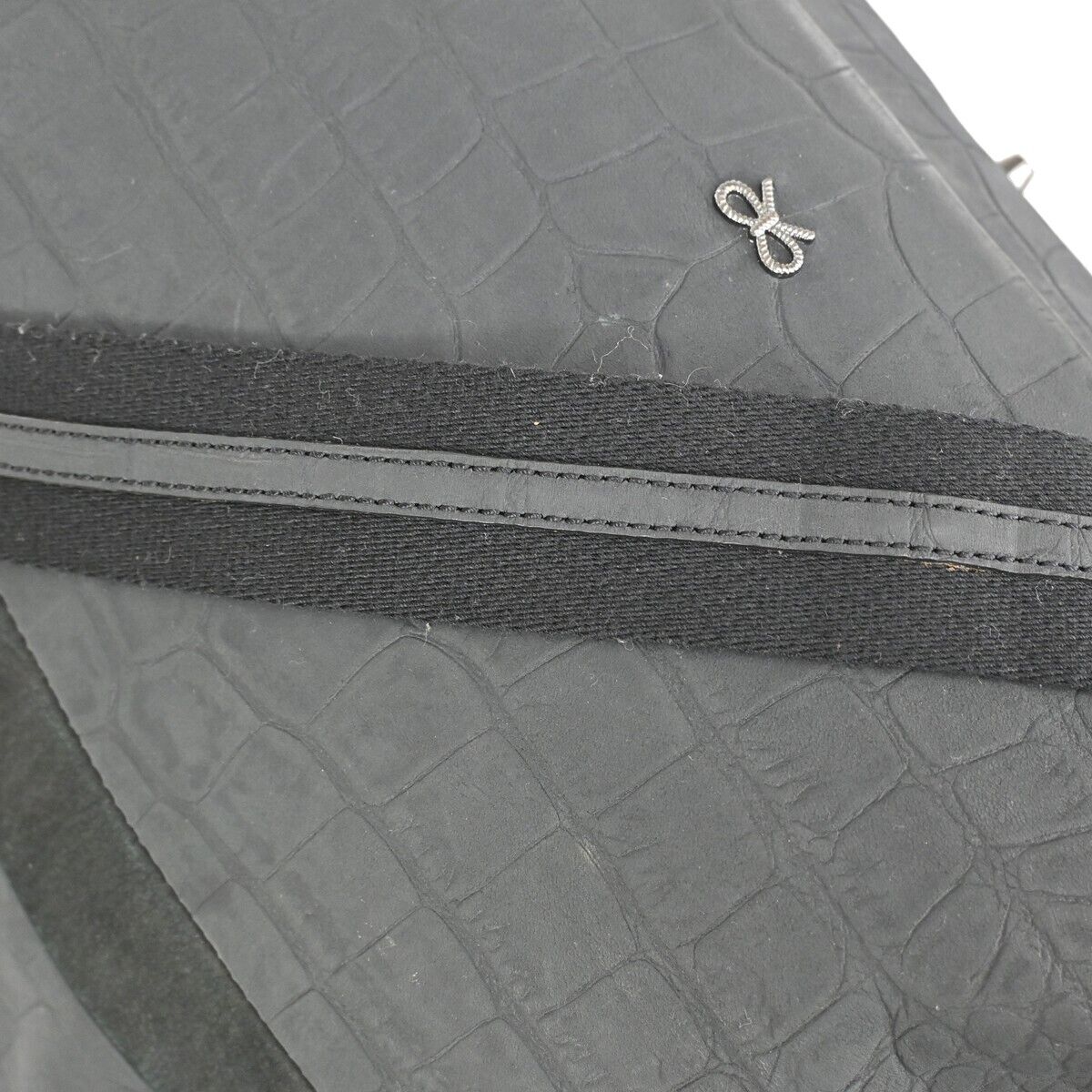 ANYA HINDMARCH Logo 2Way Shoulder Hand Bag Embossing Suede Leather Black 05DA069