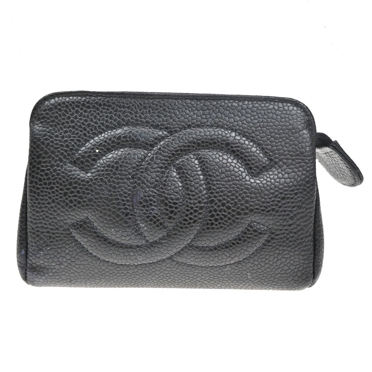 CHANEL CC Pouch Grained Calfskin Leather Black Gold Italy 34TA373