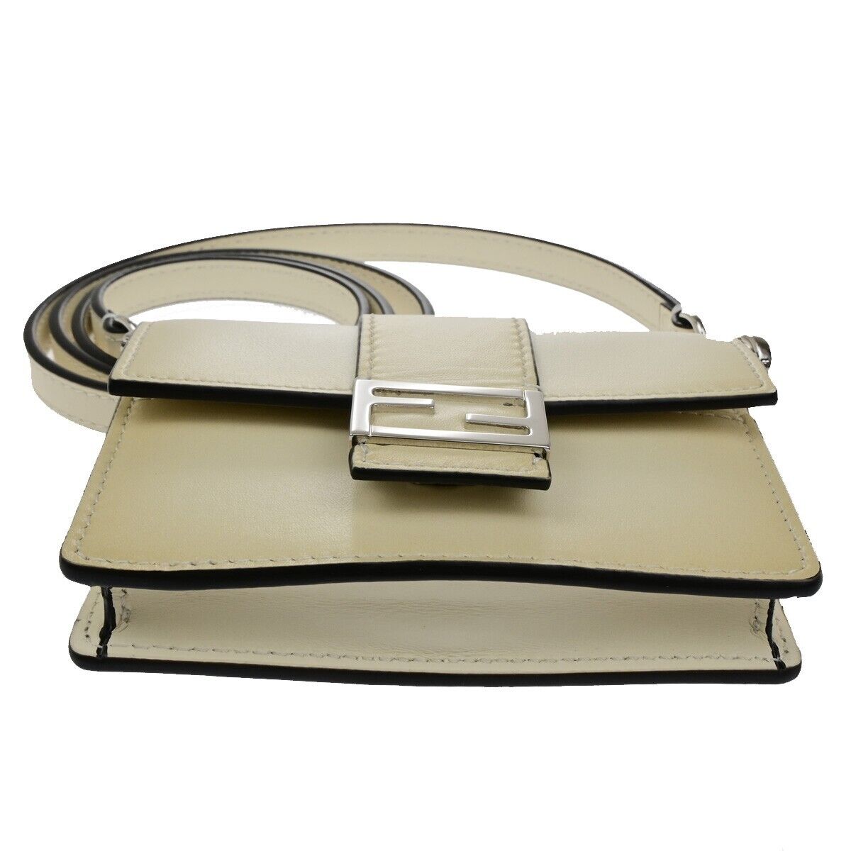 FENDI Logo Mini Flat Baguette Shoulder Bag Wallet Leather White 7M0311 89ED465
