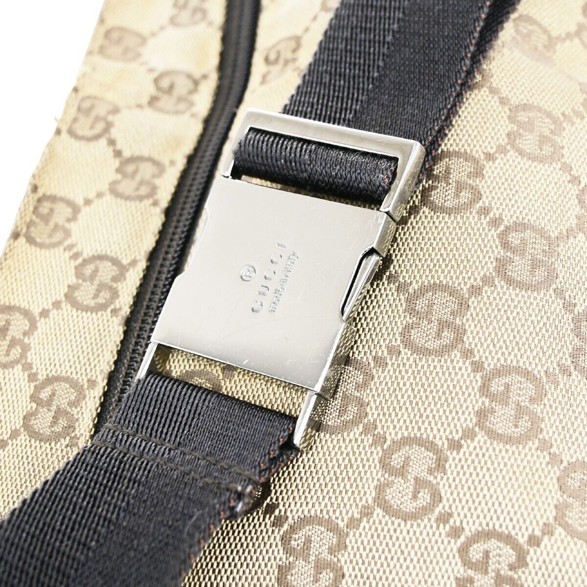 GUCCI Logo GG Pattern Bum Bag Belt Canvas Leather Brown Silver Italy 30ED208