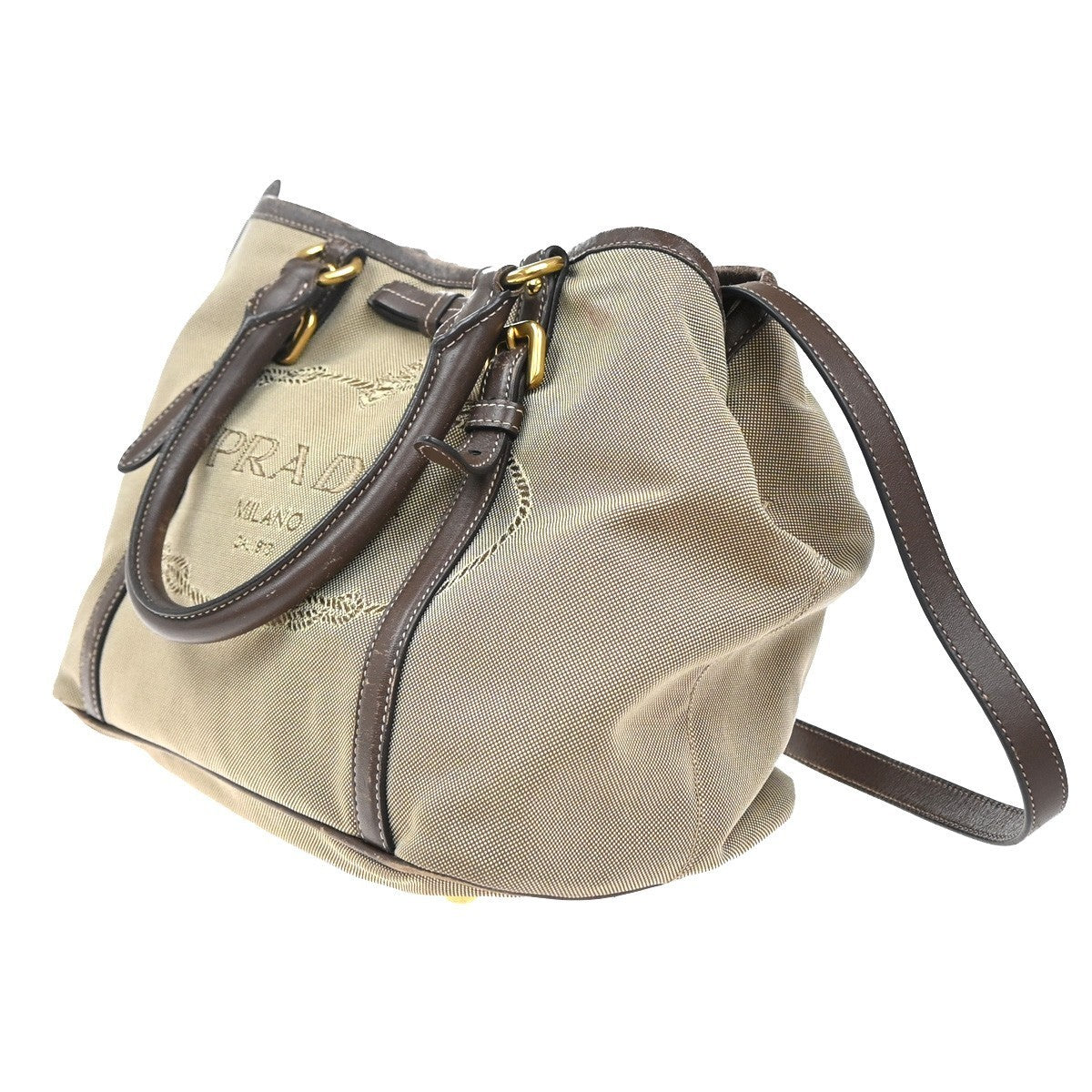 PRADA  Logo Jacquard 2Way Shoulder Hand Bag Canvas Leather Brown GHW 39KP410