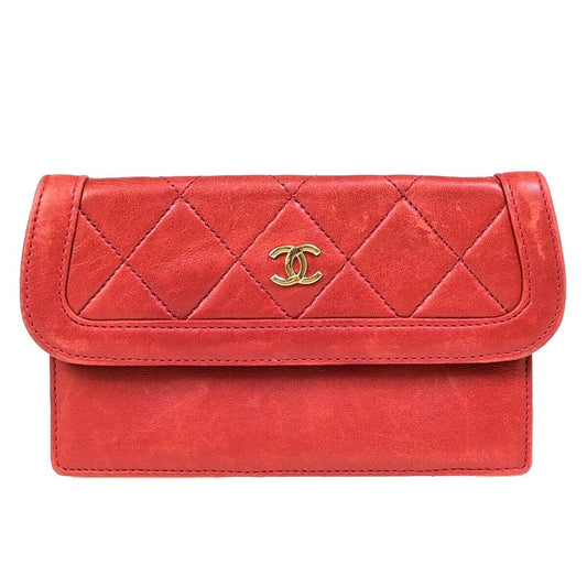 CHANEL CC Logo Matelasse Mini Pouch Wallet Coin Case Leather Red Gold 62EB230