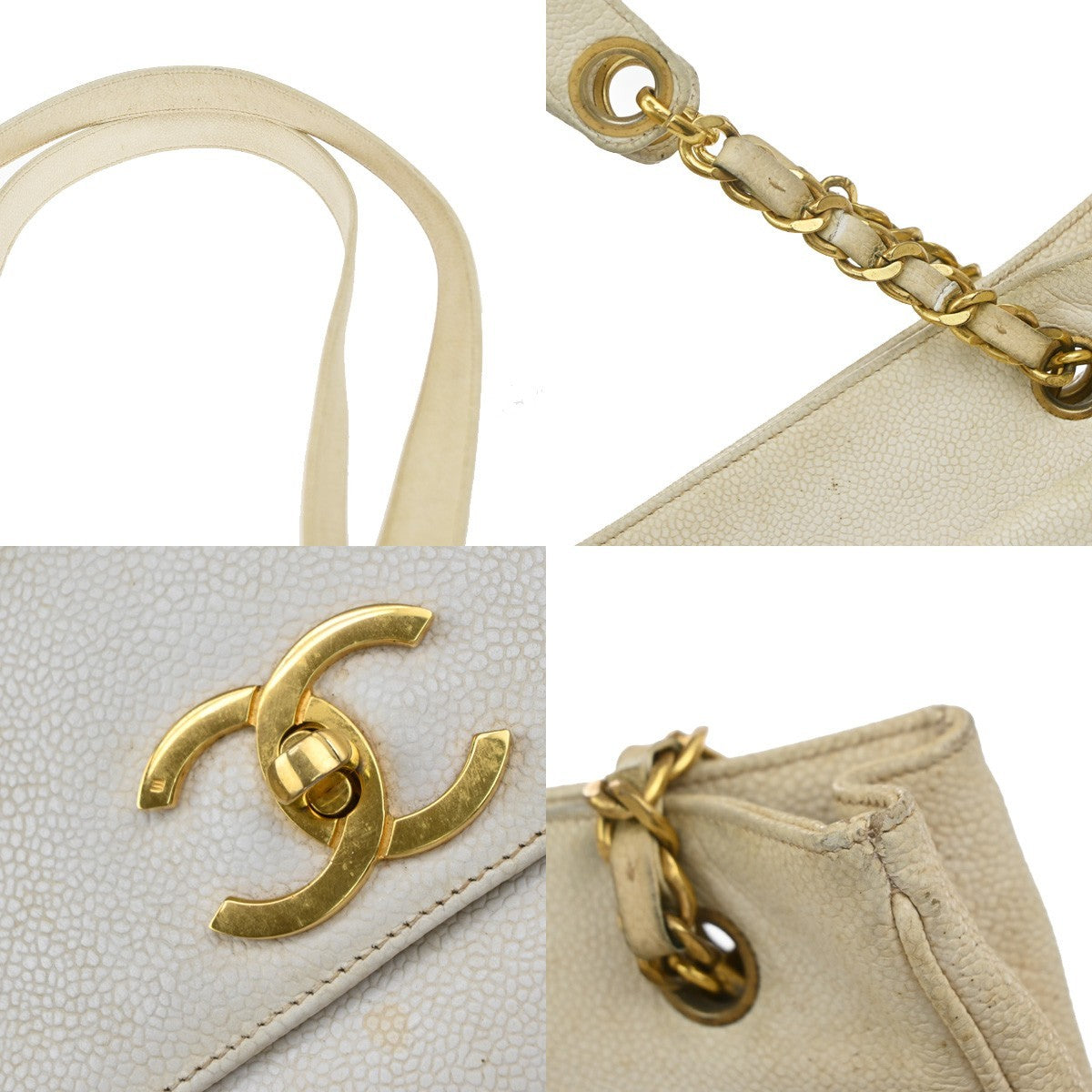 CHANEL CC Shoulder Bag Grained Calfskin Leather White GHW Vintage 12RP179