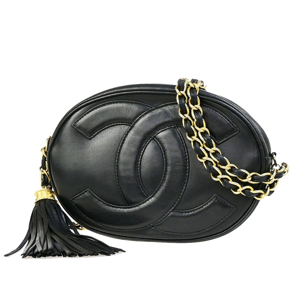 CHANEL CC Logo Tassel Chain Mini Shoulder Bag Leather Black GHW Vintage 395RK720